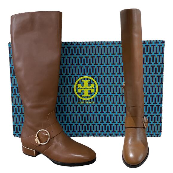 Tory Burch Sofia Tall Riding Boots Leather Logo Festive Brown Size 7 - Picture 1 of 12